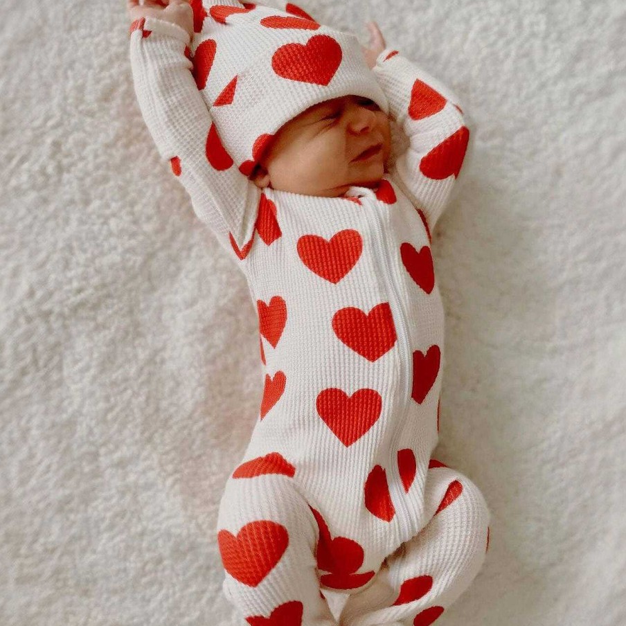 Boy SpearmintLOVE | Organic Waffle Basic Zip Footie, Red Heart