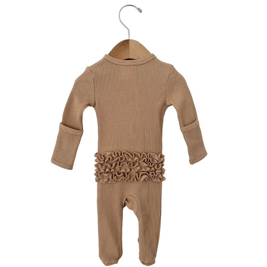 Girl SpearmintLOVE | Organic Waffle Ruffle Zip Footie, Tan