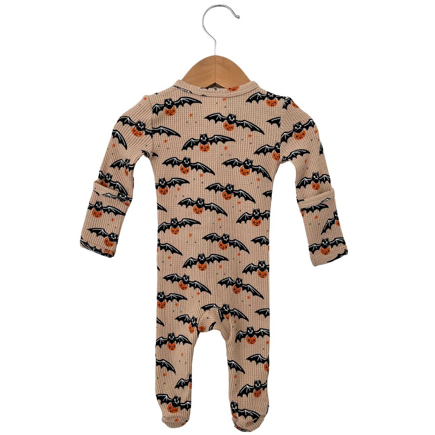 Boy SpearmintLOVE | Organic Waffle Basic Zip Footie, Tan Trick Or Treating Bat