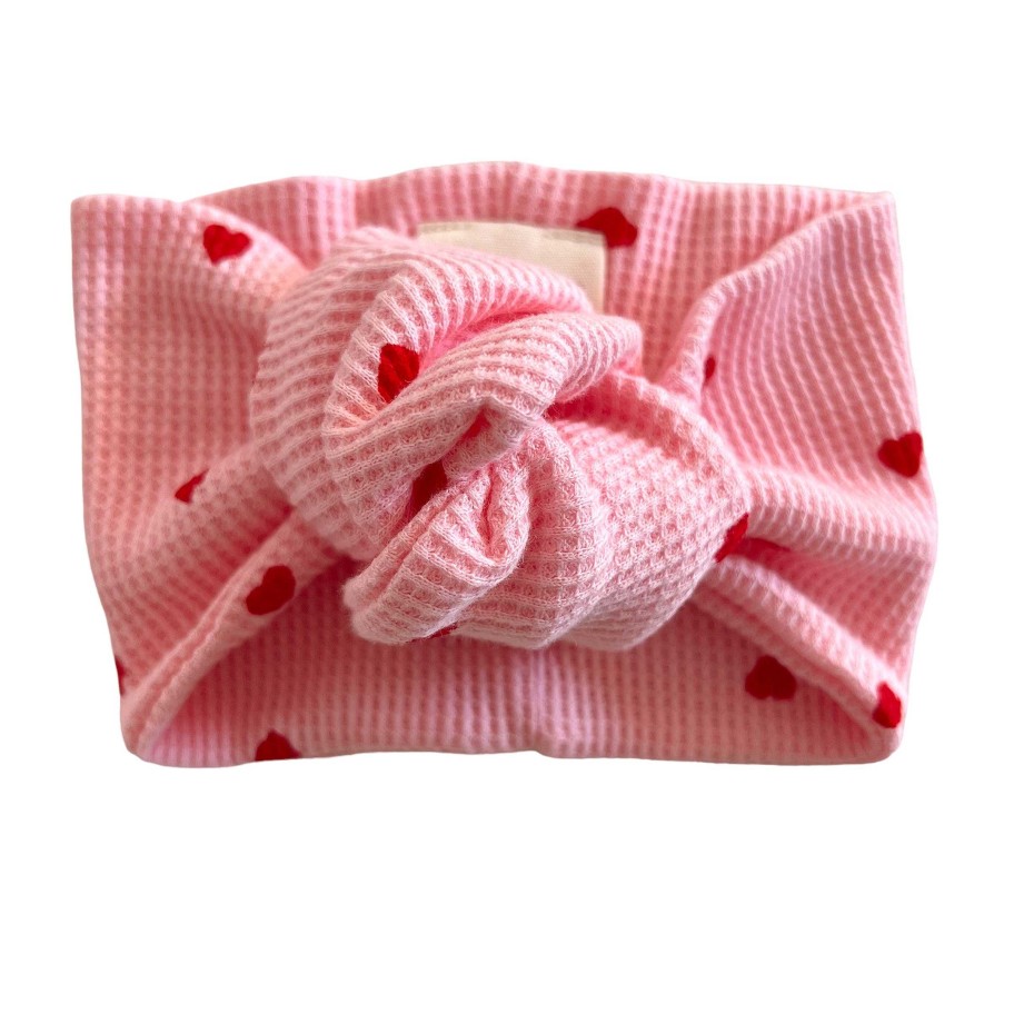 Girl SpearmintLOVE | Organic Waffle Turban Headband, Little Red Heart (On Pink)