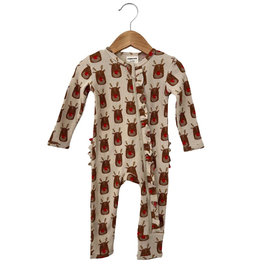 Girl SpearmintLOVE | Organic Waffle Ruffle Zip Romper, Reindeer