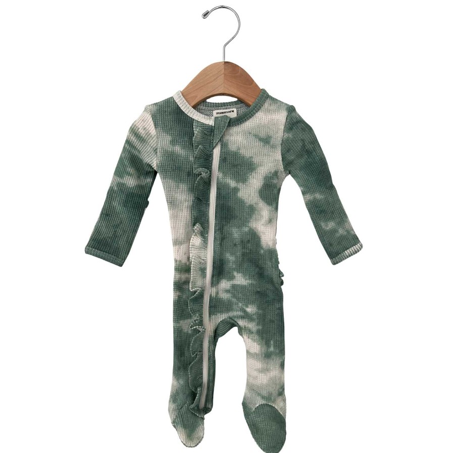 Girl SpearmintLOVE | Organic Waffle Ruffle Zip Footie, Matcha Tie Dye