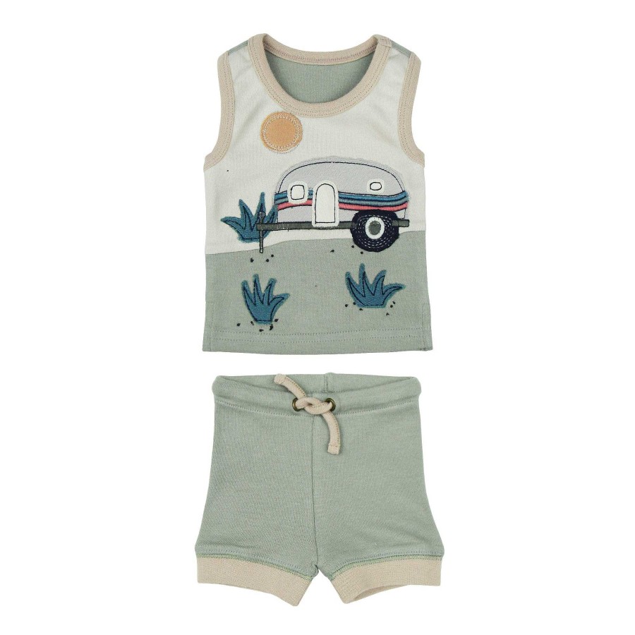 Boy L'ovedbaby | Applique Tank & Bike Short Set, Seafoam Camper