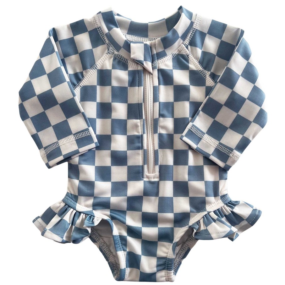 Girl SIIX Collection | Blueberry Muffin Checkerboard / Skipper Rashguard Swimsuit / Upf 50+