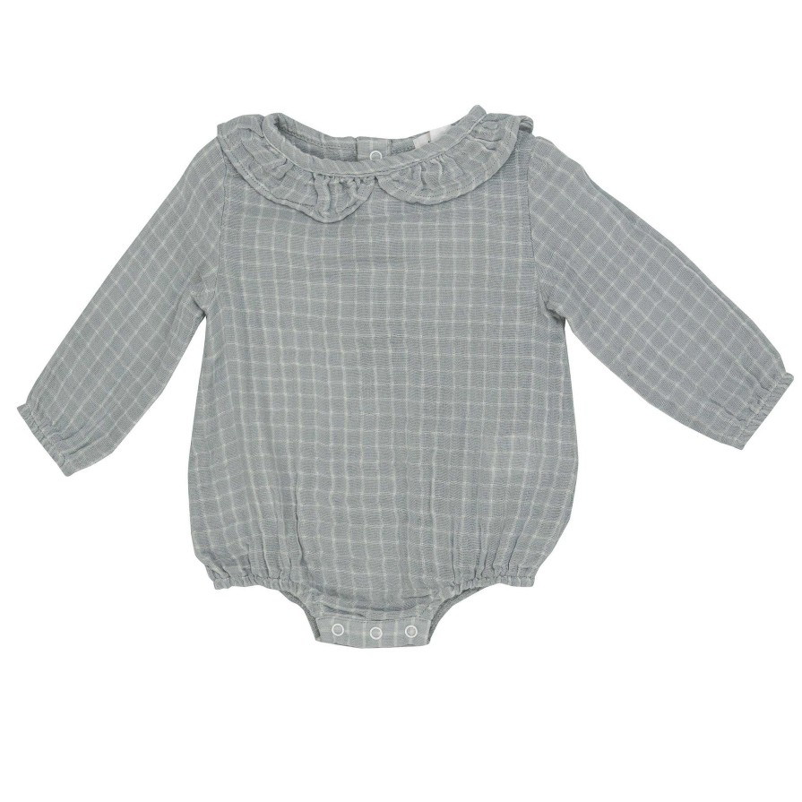 Girl Angel Dear | Muslin Ruffle Collar Bubble Bodysuit, Grey Grid