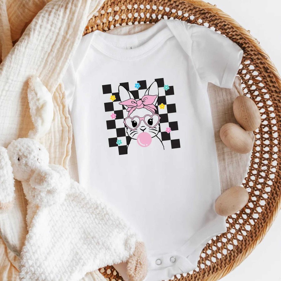 Girl The Juniper Shop | Groovy Checkered Bunny Short Sleeve Bodysuit, White