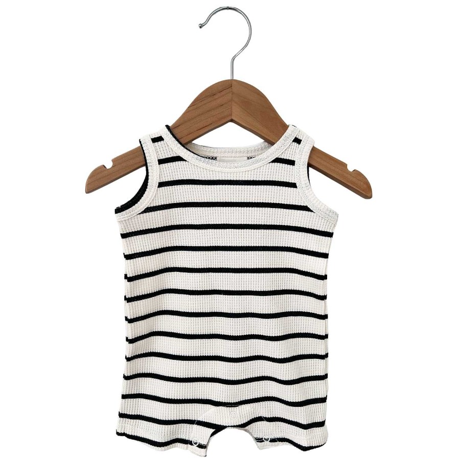 Boy SpearmintLOVE | Organic Waffle Shortie Romper, Black Stripe