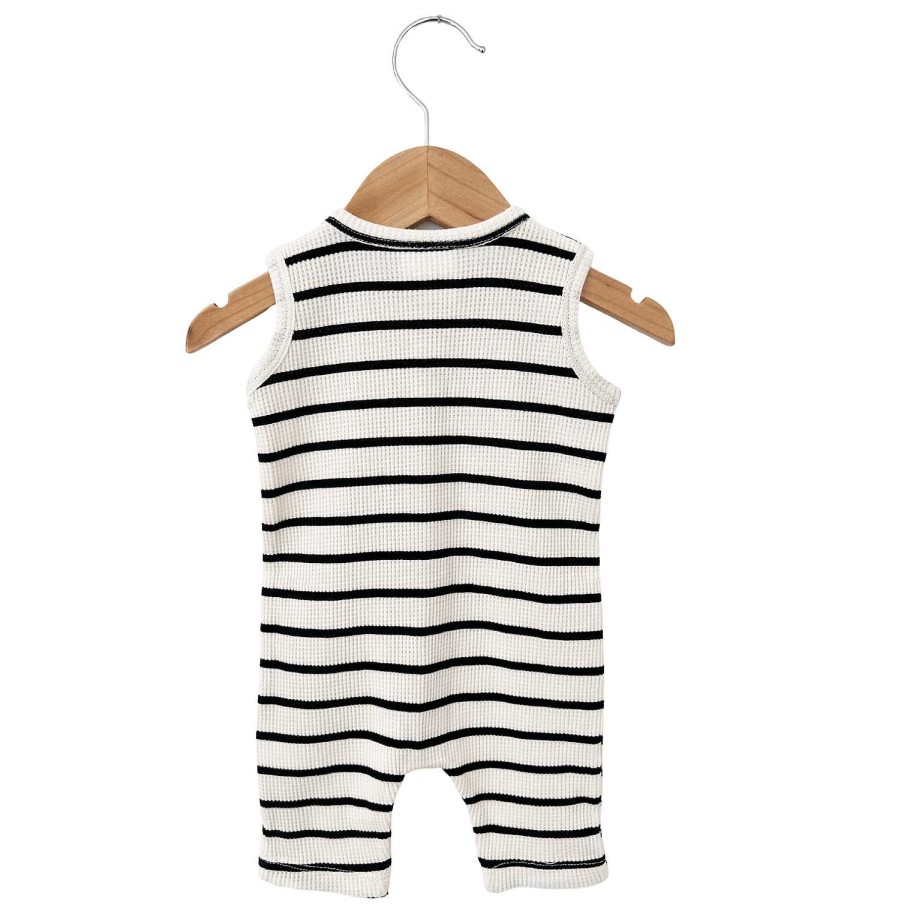 Boy SpearmintLOVE | Organic Waffle Easy Romper, Black Stripe