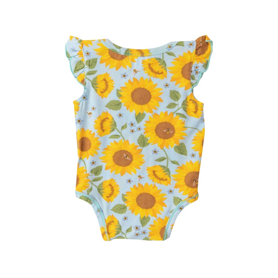 Girl Angel Dear | Ruffle Sleeve Bodysuit, Sunflowers Blue