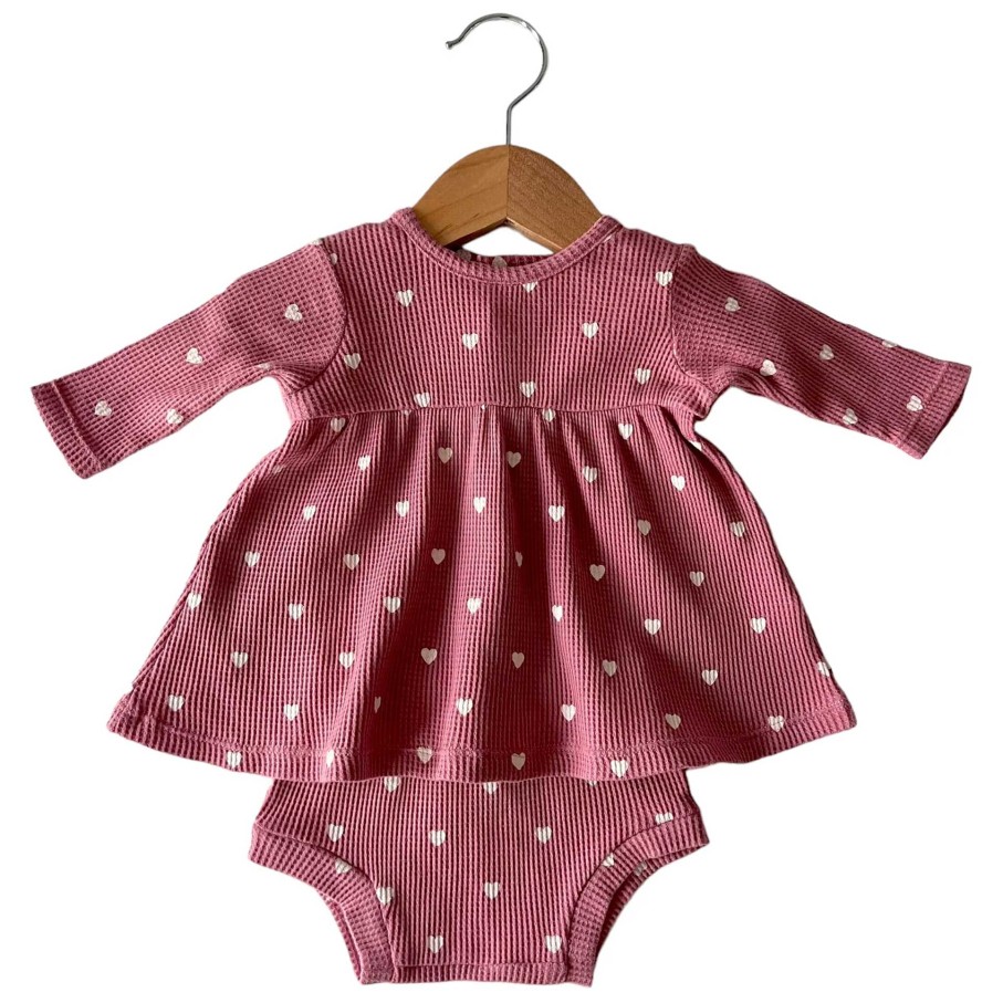 Girl SpearmintLOVE | Organic Waffle Simple Dress & Bloomer, Mauve Heart