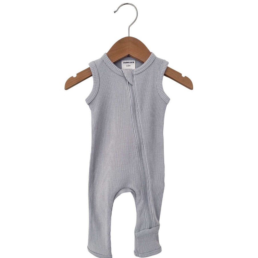 Boy SpearmintLOVE | Organic Waffle Sleeveless Zip Romper, Silver