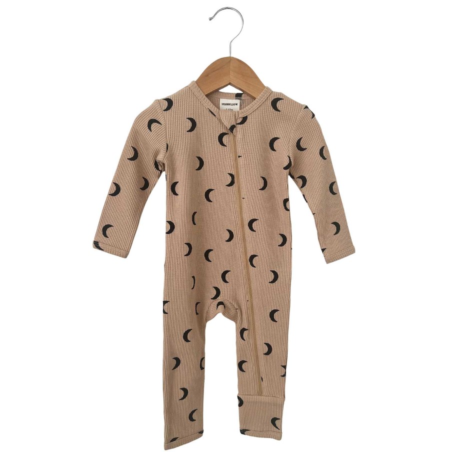 Boy SpearmintLOVE | Organic Waffle Basic Zip Romper, Tan/Black Moon