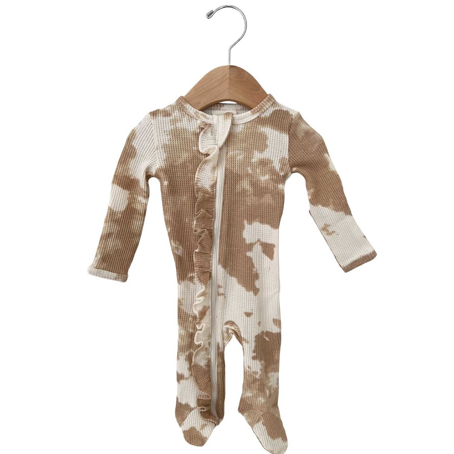 Girl SpearmintLOVE | Organic Waffle Ruffle Zip Footie, Almond Tie Dye