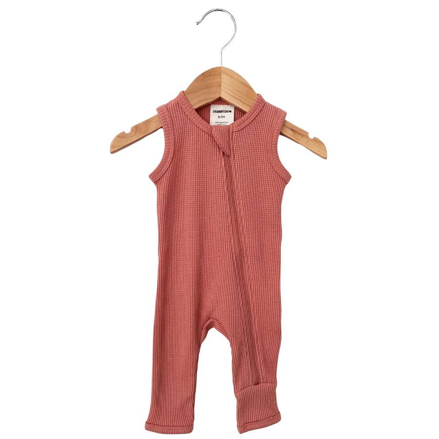 Girl SpearmintLOVE | Organic Waffle Sleeveless Zip Romper, Dusty Rose