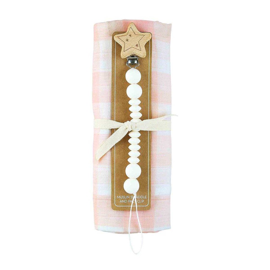 Baby Stuff Mud Pie | Swaddle & Pacifier Clip Gift Set, Pink Gingham