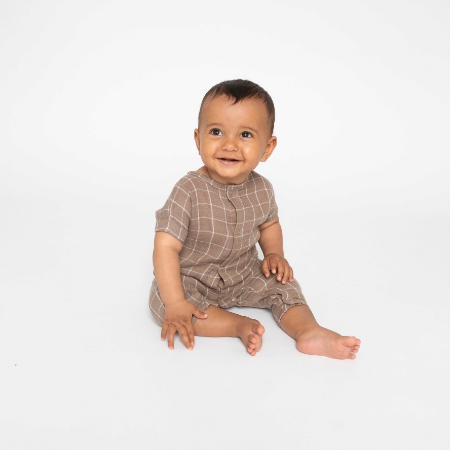 Boy Angel Dear | Muslin Dolman Front Closure Romper, Portabella Grid