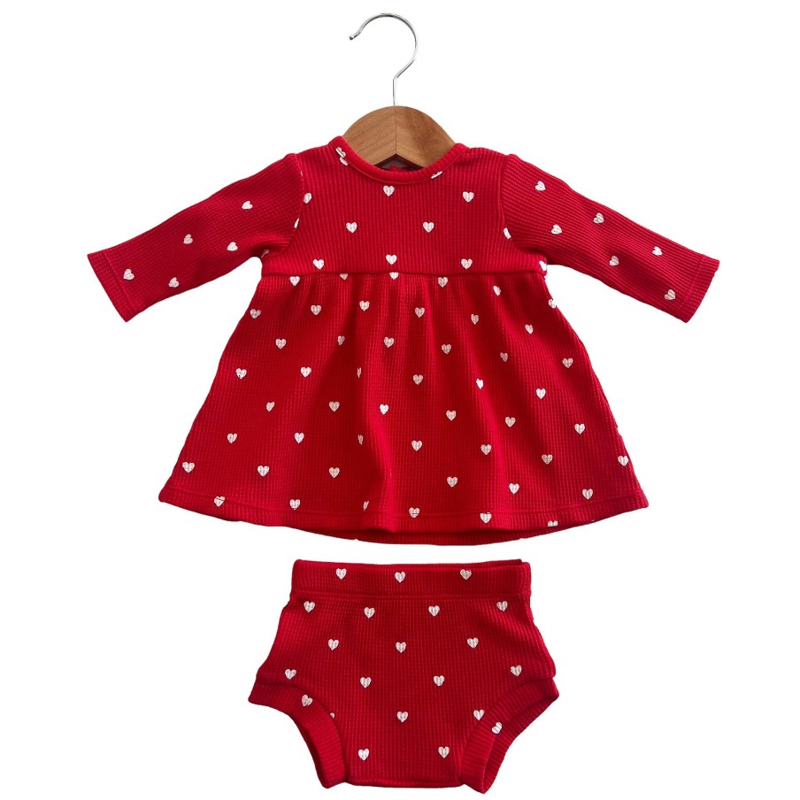 Girl SpearmintLOVE | Organic Waffle Simple Dress & Bloomer, Little White Heart (On Red)