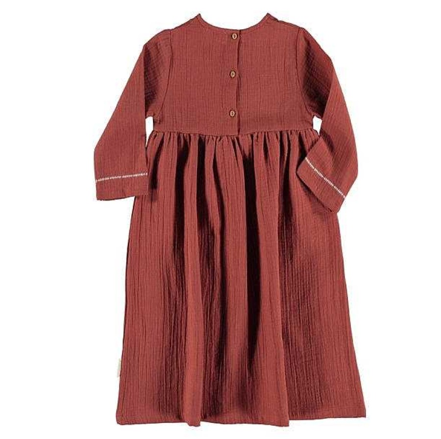 Girl Piupiuchick | Long Dress, Brick With Embroidered Ecru