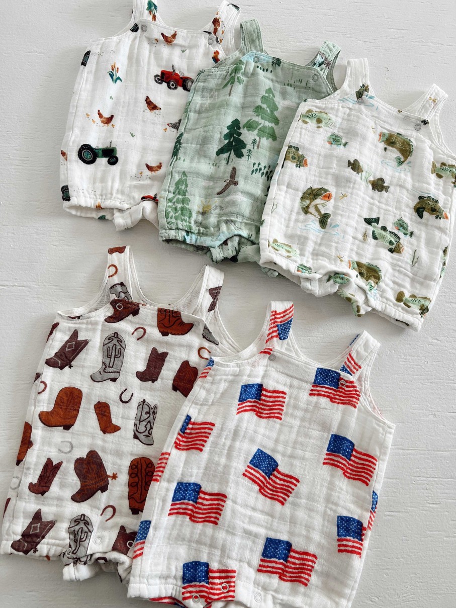 Boy Angel Dear | Muslin Overall Shortie, American Flag