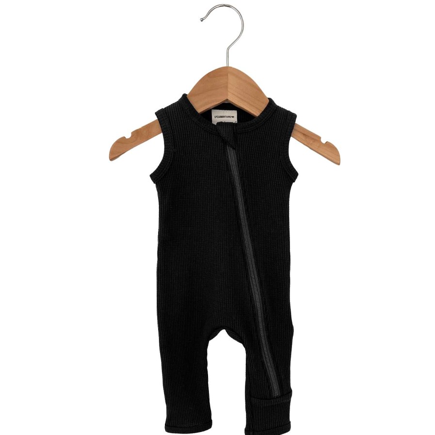 Boy SpearmintLOVE | Organic Waffle Sleeveless Zip Romper, Black