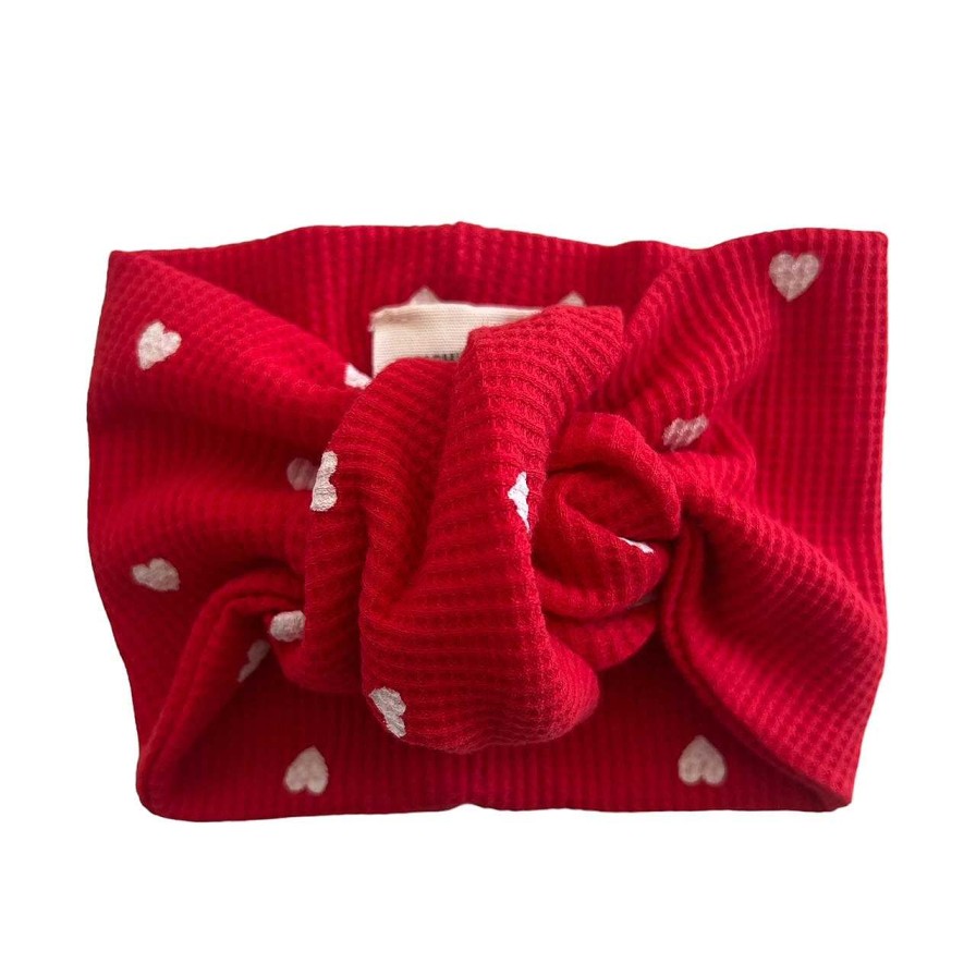 Girl SpearmintLOVE | Organic Waffle Turban Headband, Little White Heart (On Red)