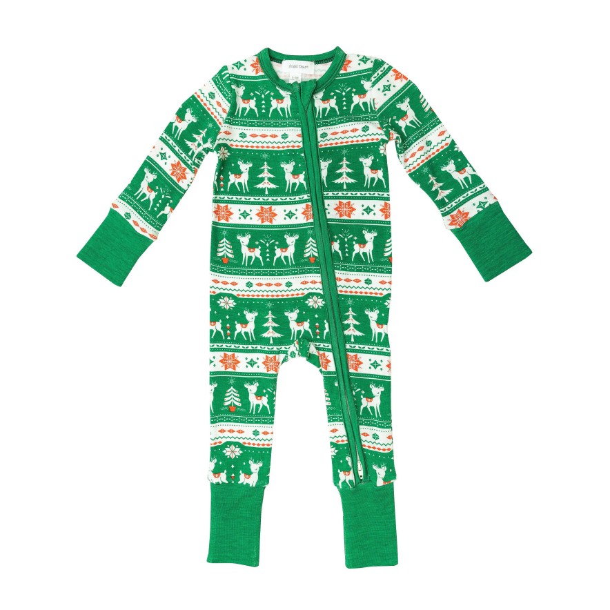 Boy Angel Dear | 2 Way Zip Romper, Vintage Deer Fair Isle Jolly Green