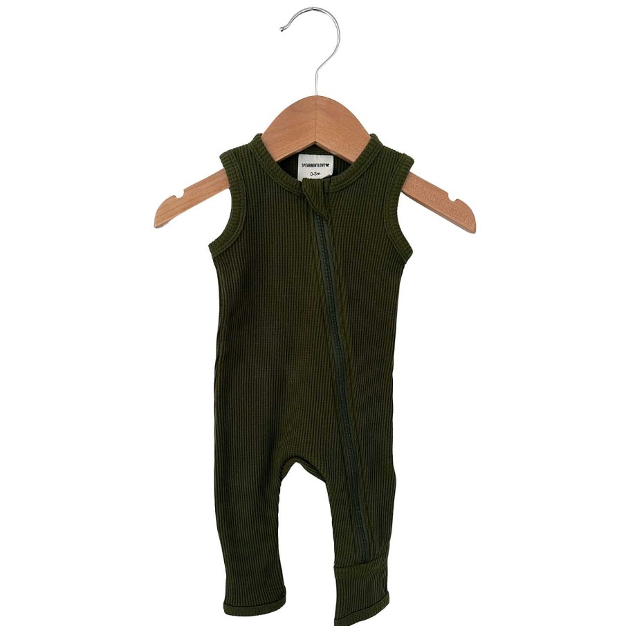 Boy SpearmintLOVE | Organic Waffle Sleeveless Zip Romper, Forest