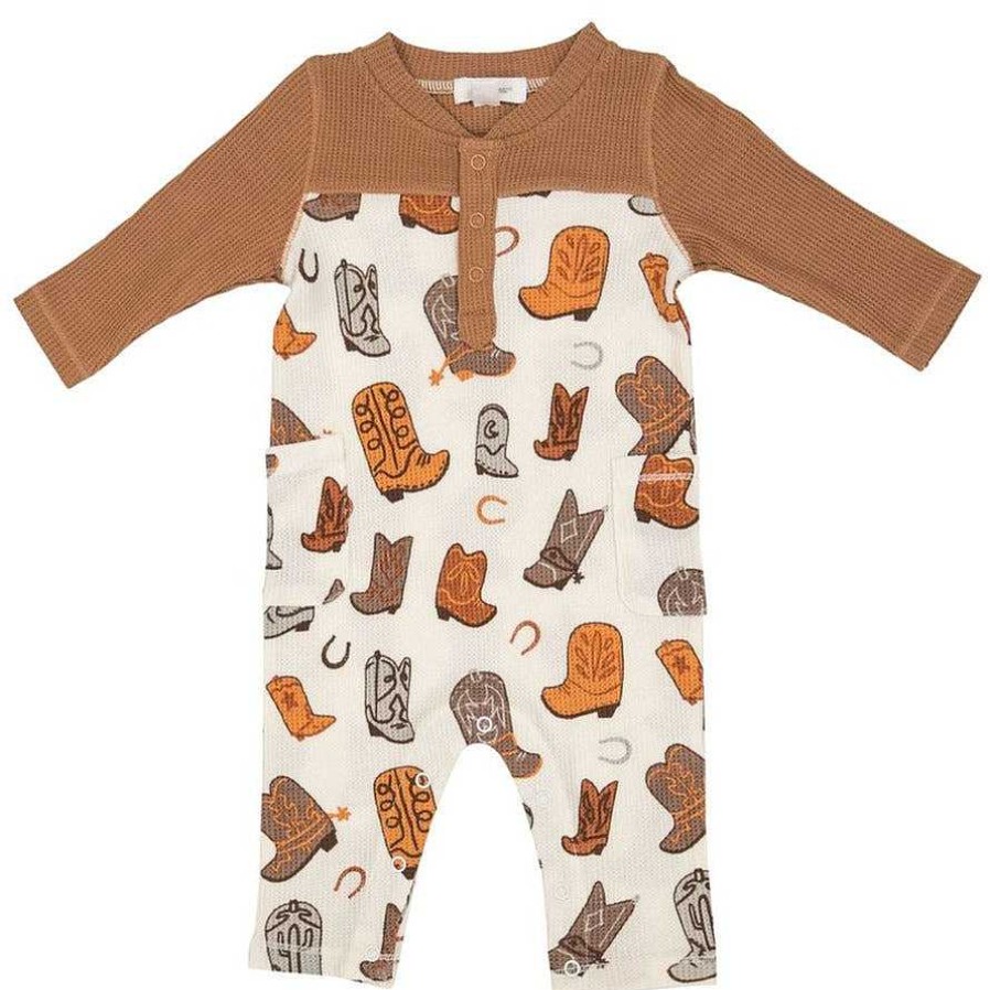 Boy Angel Dear | Thermal Romper, Brown Cowboy Boots