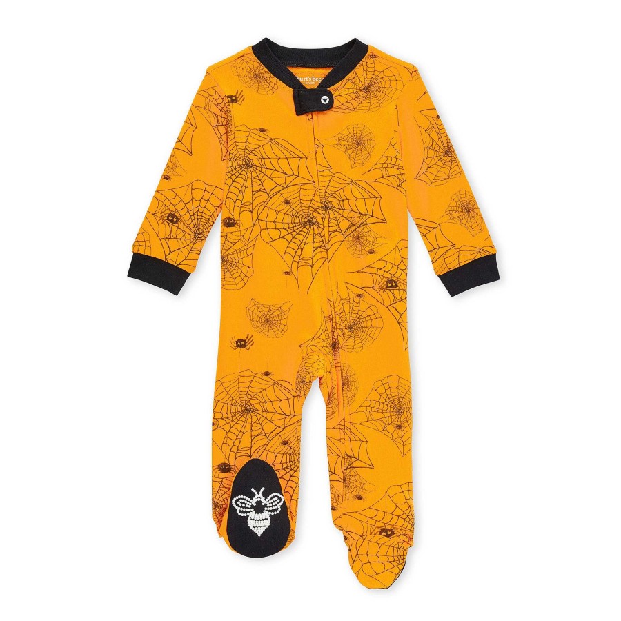 Boy Burt's Bees Baby | Organic Zip Footie, Orange Spider Webs