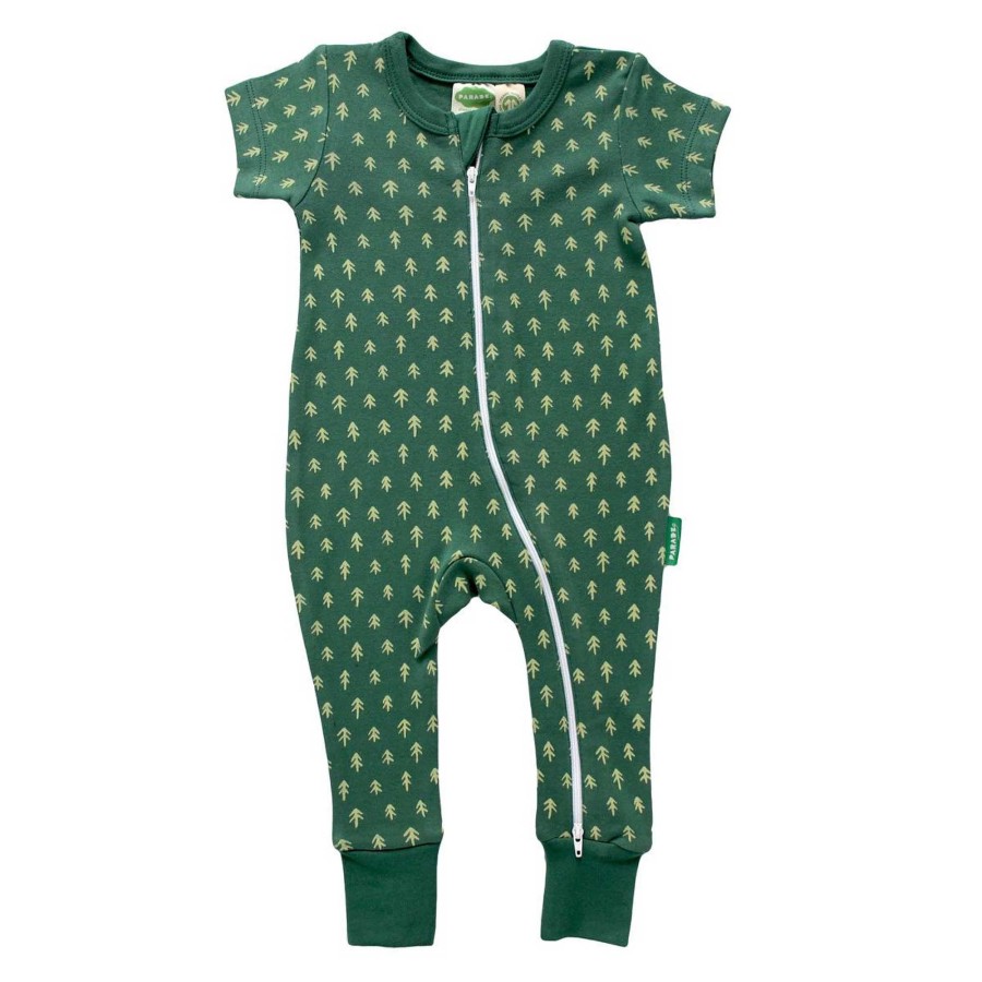 Boy Parade Baby | Organic Short Sleeve Zip Romper, Emerald Trees