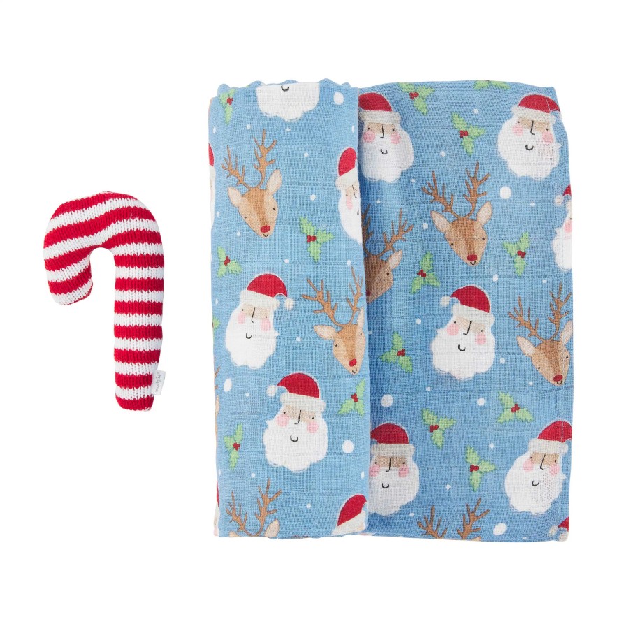 Baby Stuff Mud Pie | Blue Christmas Candy Cane Swaddle Blanket & Rattle Set