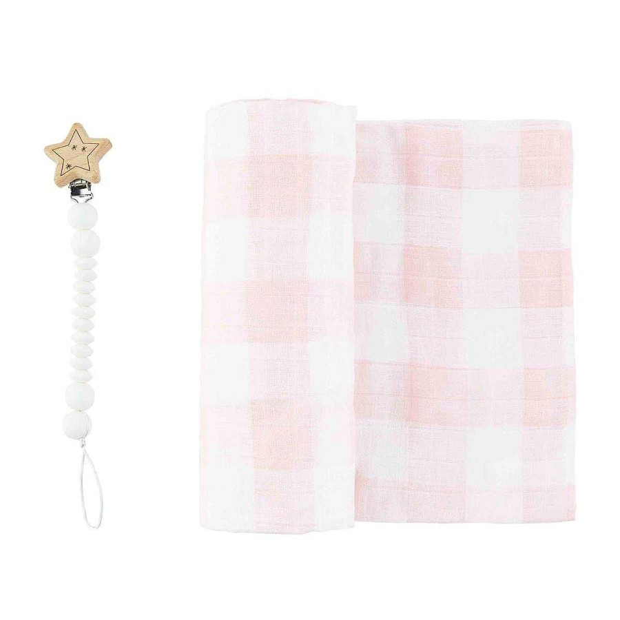 Baby Stuff Mud Pie | Swaddle & Pacifier Clip Gift Set, Pink Gingham