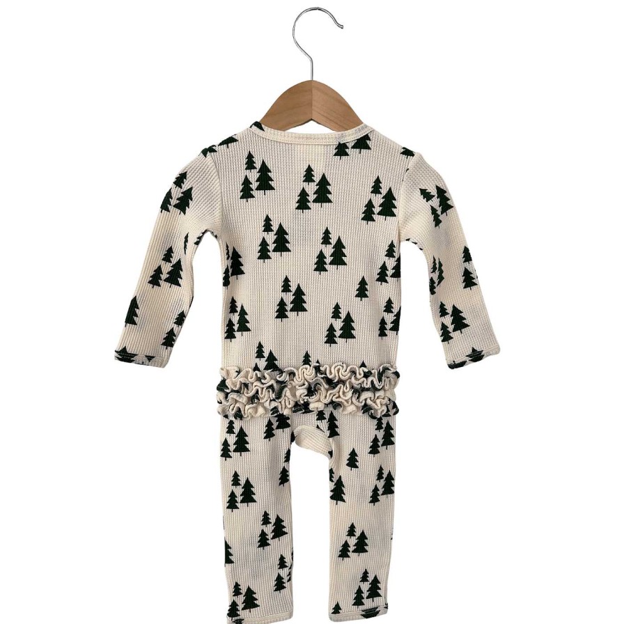 Girl SpearmintLOVE | Organic Waffle Ruffle Zip Romper, Forest Green Trees