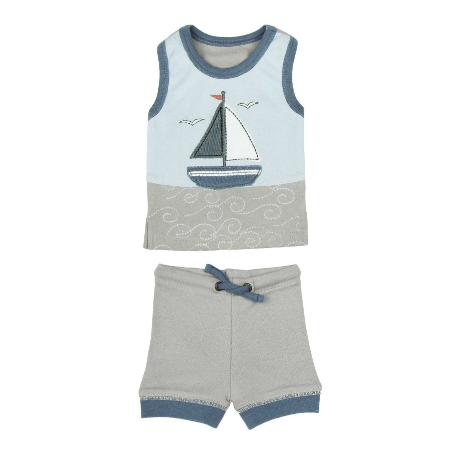 Boy L'ovedbaby | Applique Tank & Bike Short Set, Light Grey Sailboat