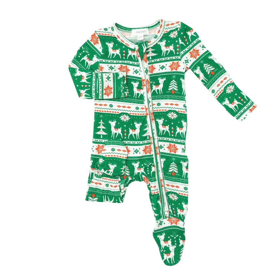 Boy Angel Dear | Zip Footie, Vintage Deer Fair Isle Jolly Green