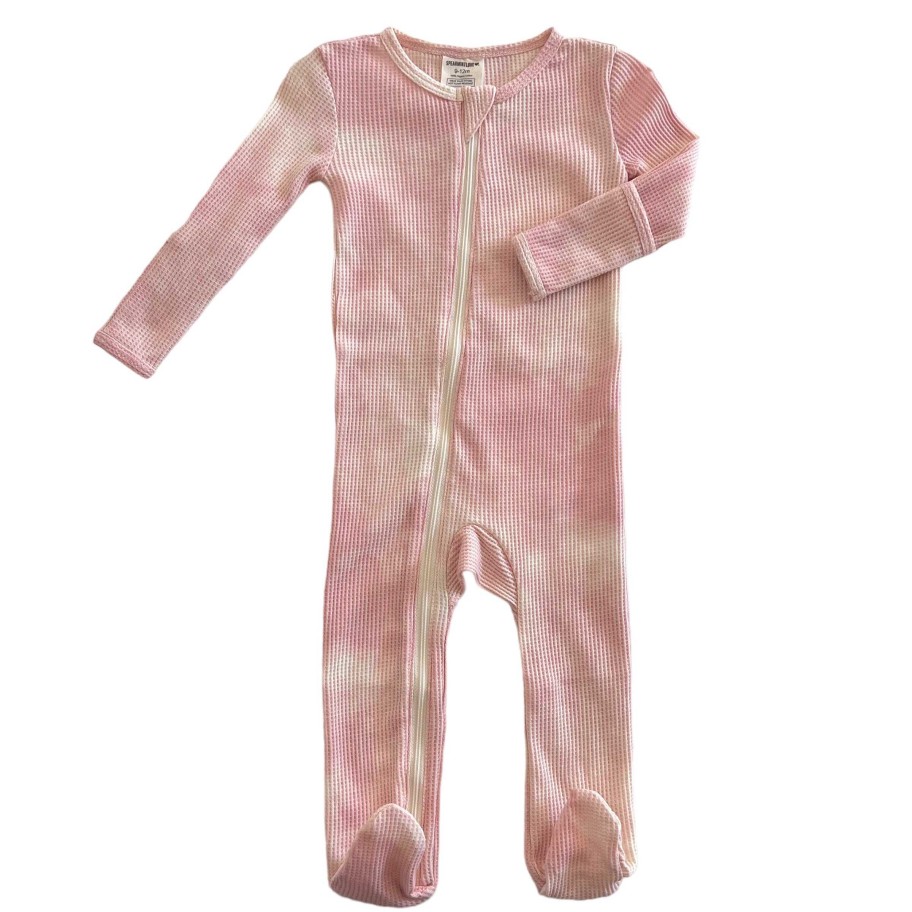 Girl SpearmintLOVE | Organic Waffle Basic Zip Footie, Ballet Pink Tie Dye