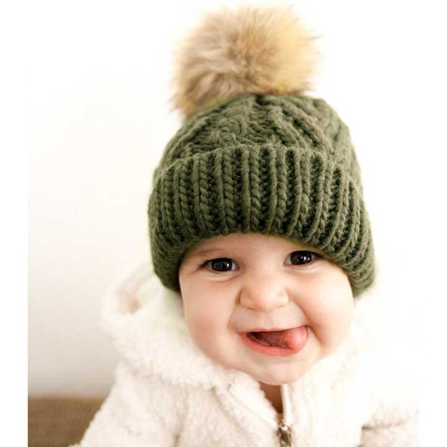 Accessories Huggalugs | Cable Knit Fur Pom Hat, Loden