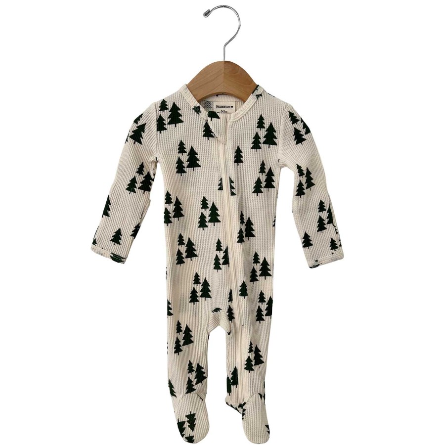 Boy SpearmintLOVE | Organic Waffle Basic Zip Footie, Forest Green Trees