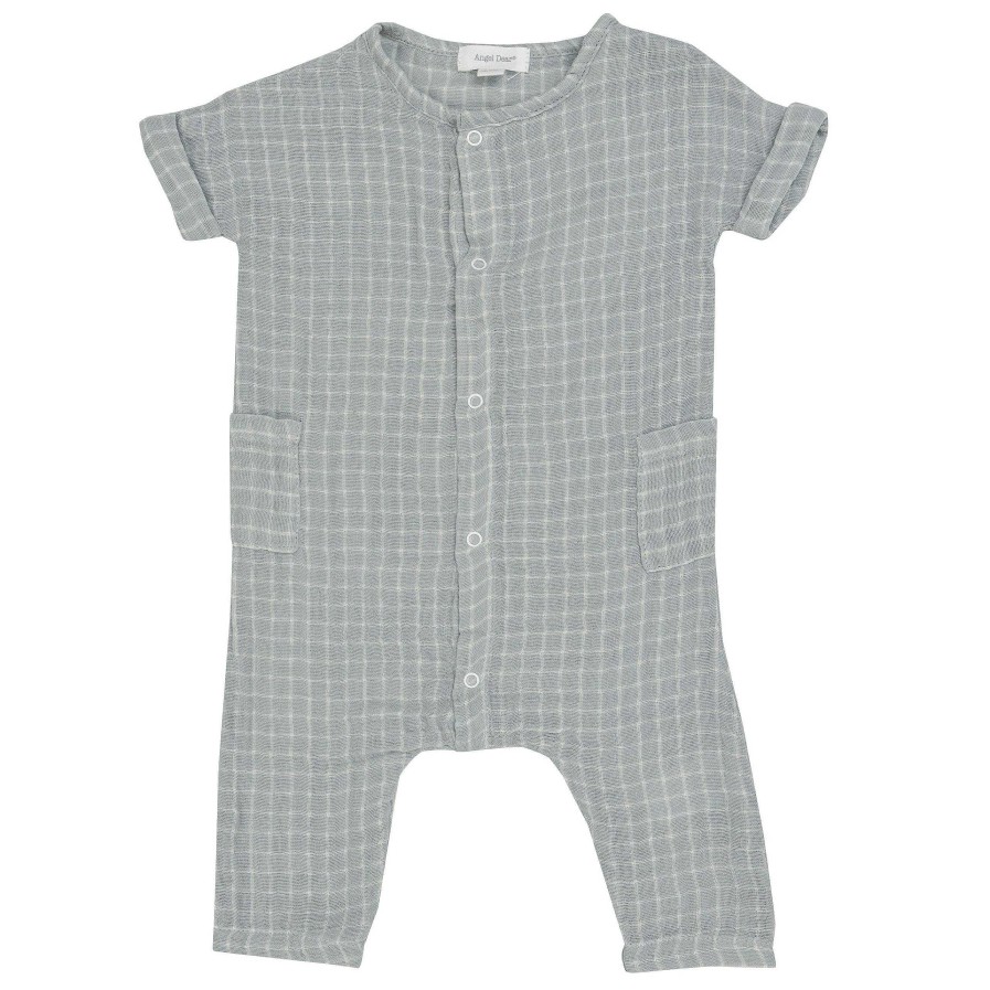 Boy Angel Dear | Muslin Dolman Front Closure Romper, Grey Grid