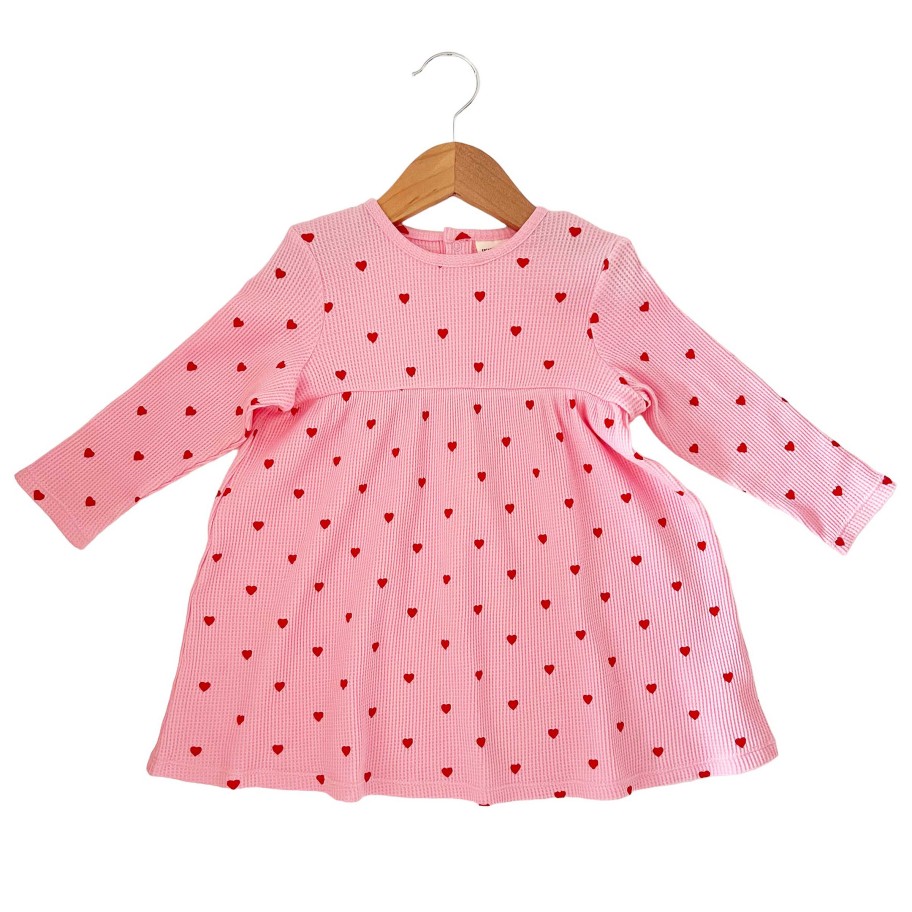 Girl SpearmintLOVE | Organic Waffle Simple Dress, Little Red Heart (On Pink)