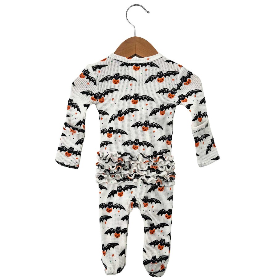 Girl SpearmintLOVE | Organic Waffle Ruffle Zip Footie, Trick Or Treating Bat