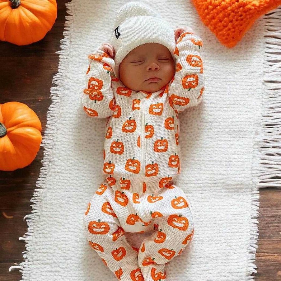 Boy SpearmintLOVE | Organic Waffle Basic Zip Footie, Jack-O-Lantern