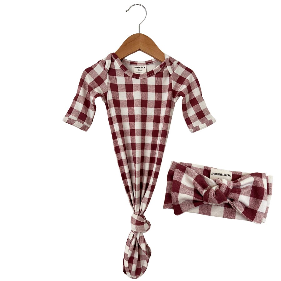 Girl SpearmintLOVE | Knotted Gown & Bow Set, Mulberry Plaid