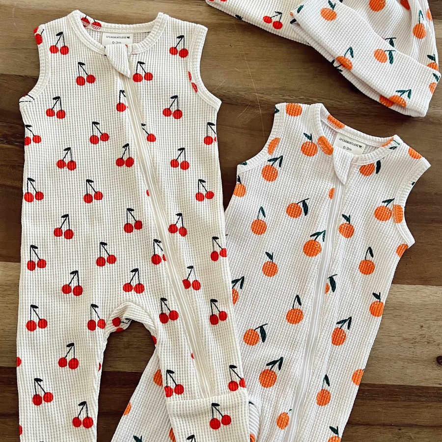 Boy SpearmintLOVE | Organic Waffle Sleeveless Zip Romper, Oranges