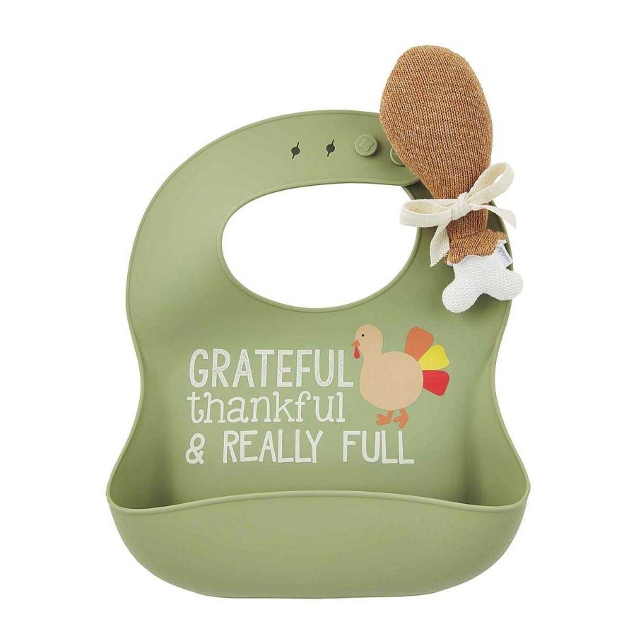 Baby Stuff Mud Pie Rattles | Silicone Bib & Rattle Set, Thanksgiving Grateful, Thankful, Really Full Green