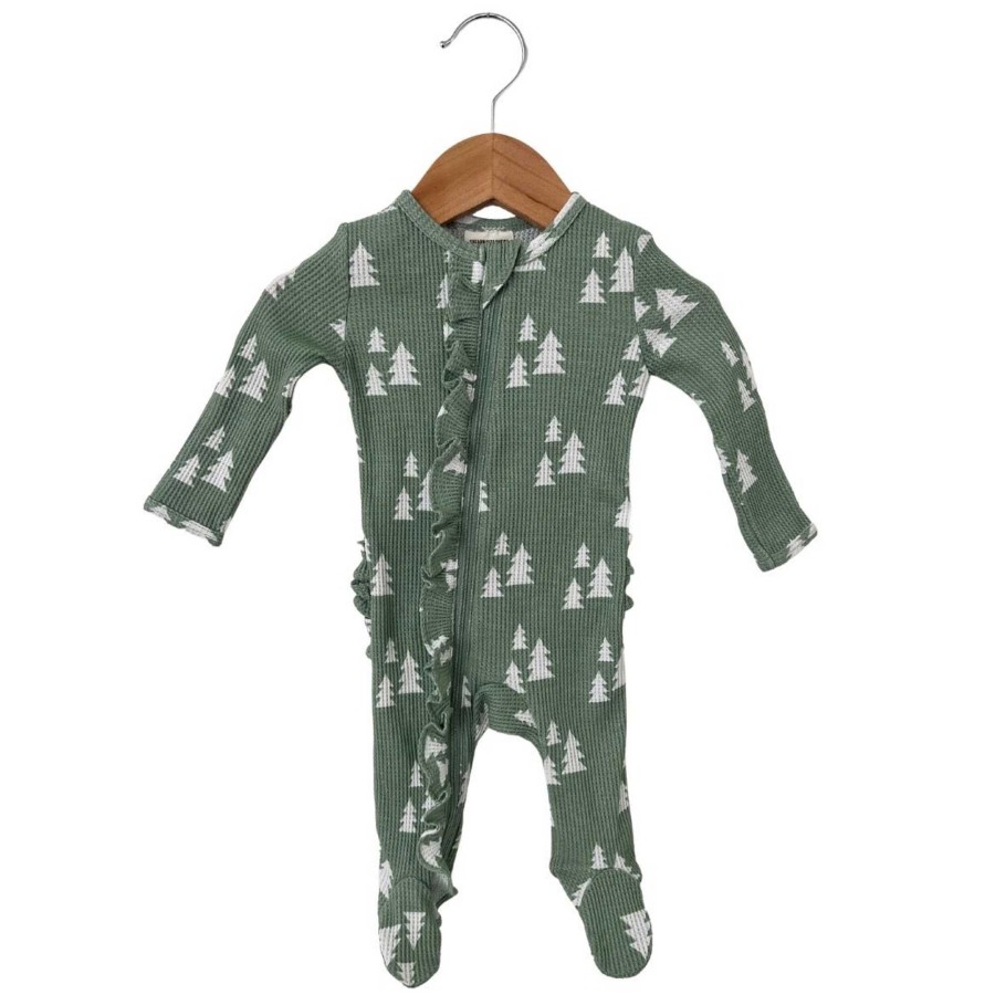 Girl SpearmintLOVE | Organic Waffle Ruffle Zip Footie, Alpine Trees