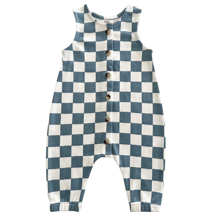 Boy SIIX Collection | Blueberry Muffin Checkerboard / Organic Bay Jumpsuit