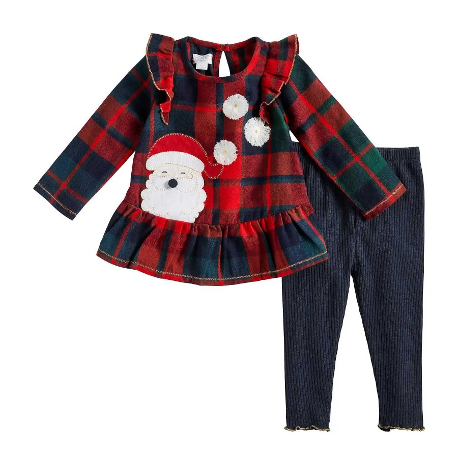 Girl Mud Pie | Tunic & Legging Set, Tartan Plaid Santa