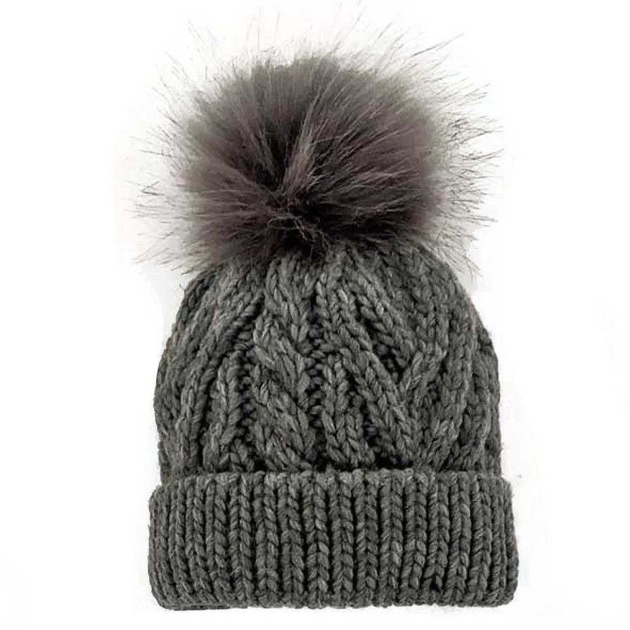 Accessories Huggalugs | Cable Knit Fur Pom Hat, Grey