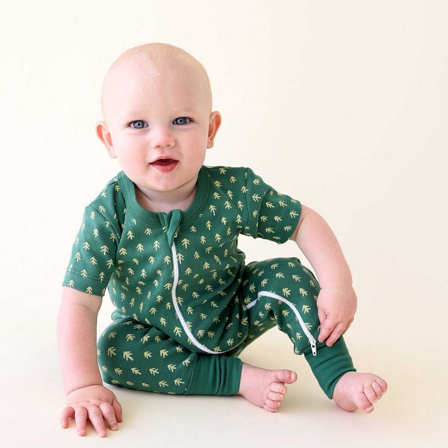 Boy Parade Baby | Organic Short Sleeve Zip Romper, Emerald Trees